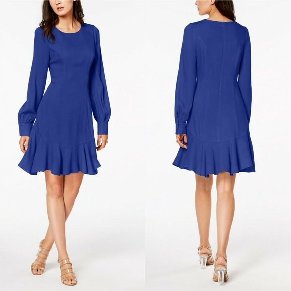 Bar III Cobalt Blue Ruffle-Hem Fit Flare LS Dress - Picture 1 of 8